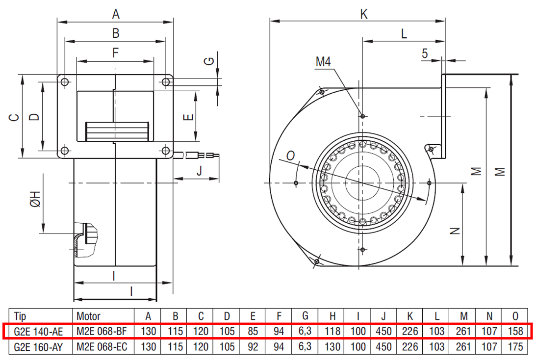 EBMPAPST G2E140-AE77-01 230 volt Monofaze Tek Emişli Radyal Fan Teknik Çizim ve Ölçüler Tablosu